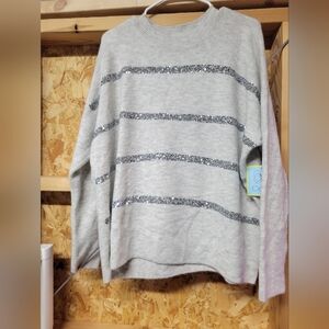 CeCe NWT Gray &‎ Silver Sequin Stripe Sweater Womens Size Medium